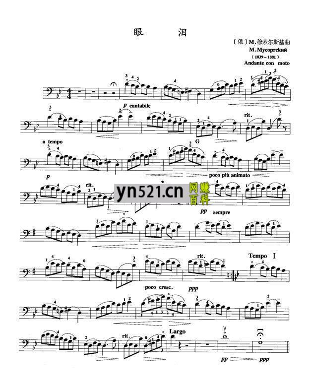 穆索尔斯基《眼泪》大提琴独奏谱 PDF 高清版 1页