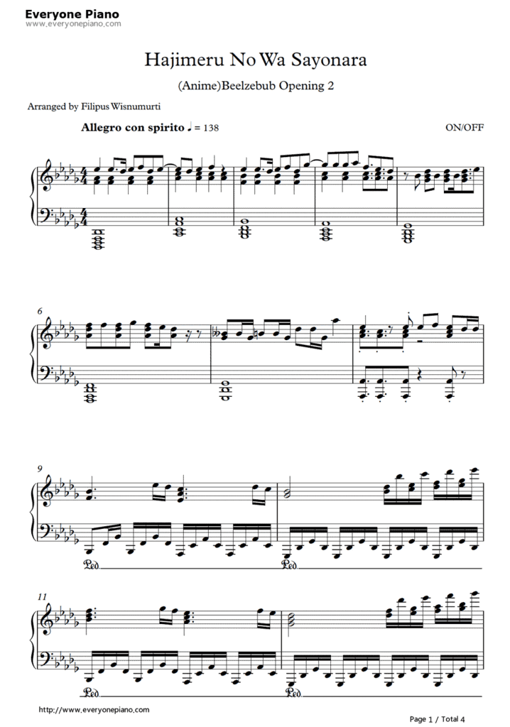 始まるのは、サヨナラ-《魔王的父亲》OP2 (ONOFF) 高清PDF 钢琴五线谱 共4页